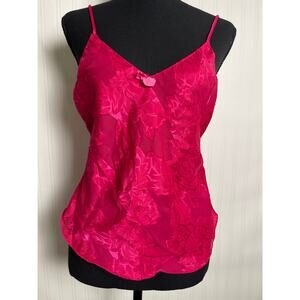 Women's Babydoll Satin Sheer Floral Tank Top Size XS/Small Hot Pink Y2K Fairy